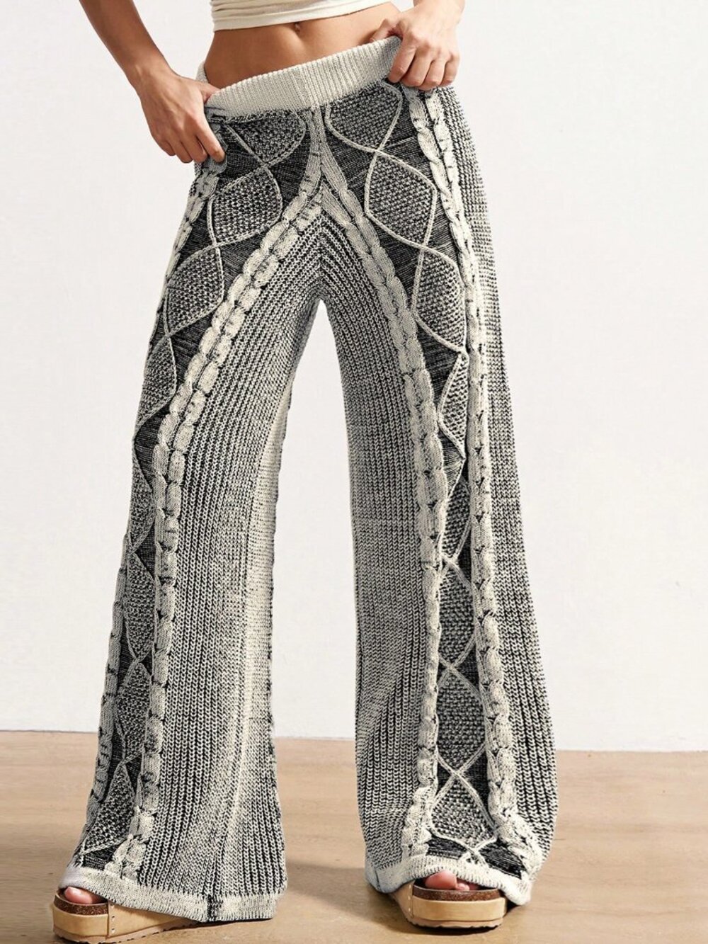 Casual Women's Twist Knit Loose Wide-Leg Sweater Pants - Picture 1 of 8